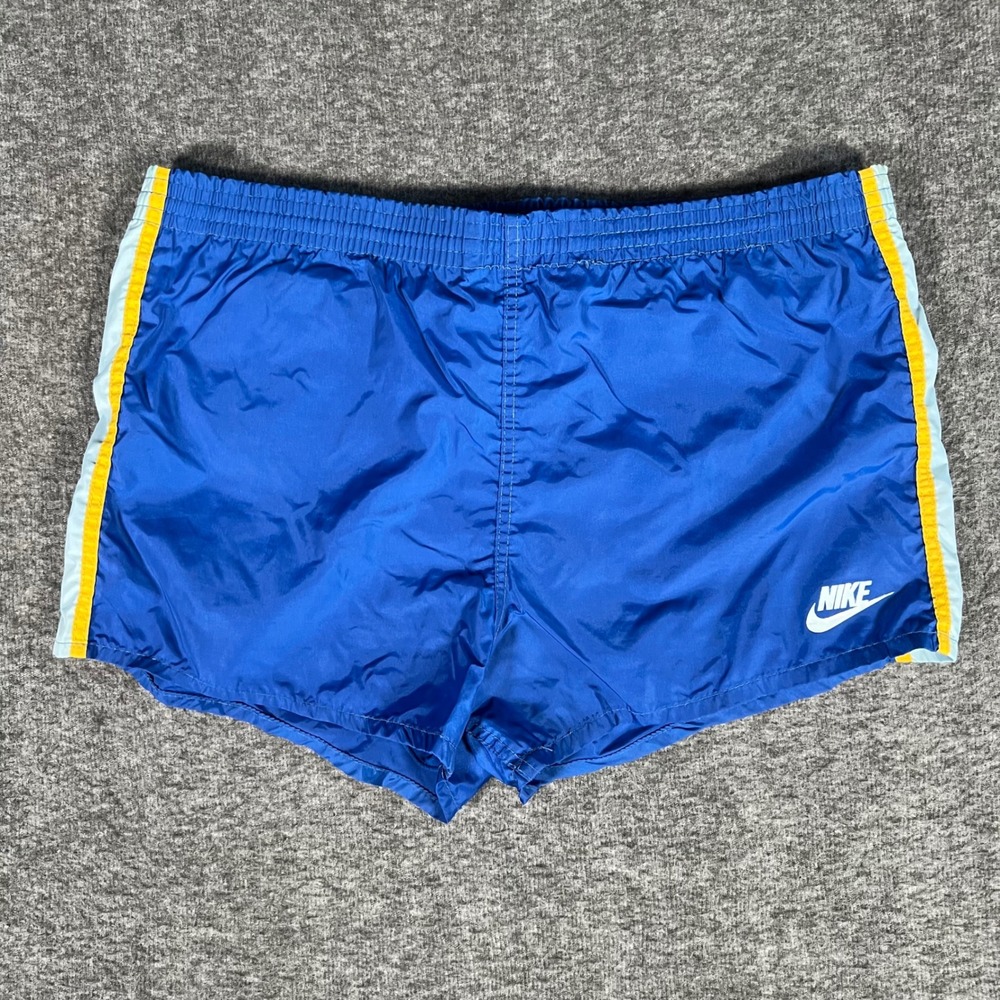 Vintage 70s Nike Sprinter Running Shorts Blue Yellow Stripe Made in USA Mens M